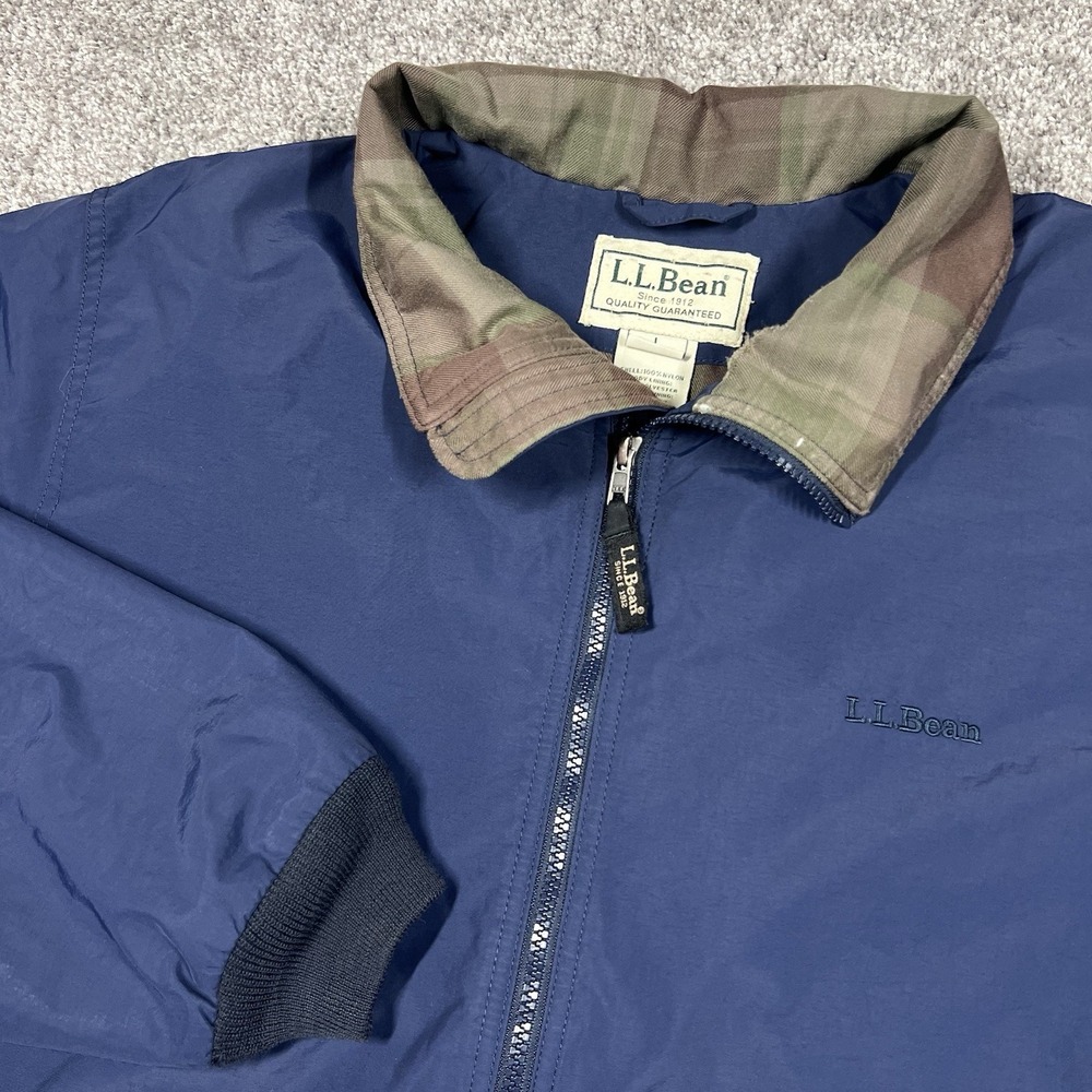 Vintage LL Bean Nylon Harrington Jacket Men Large Reg Blue Full Zip Plaid Lined